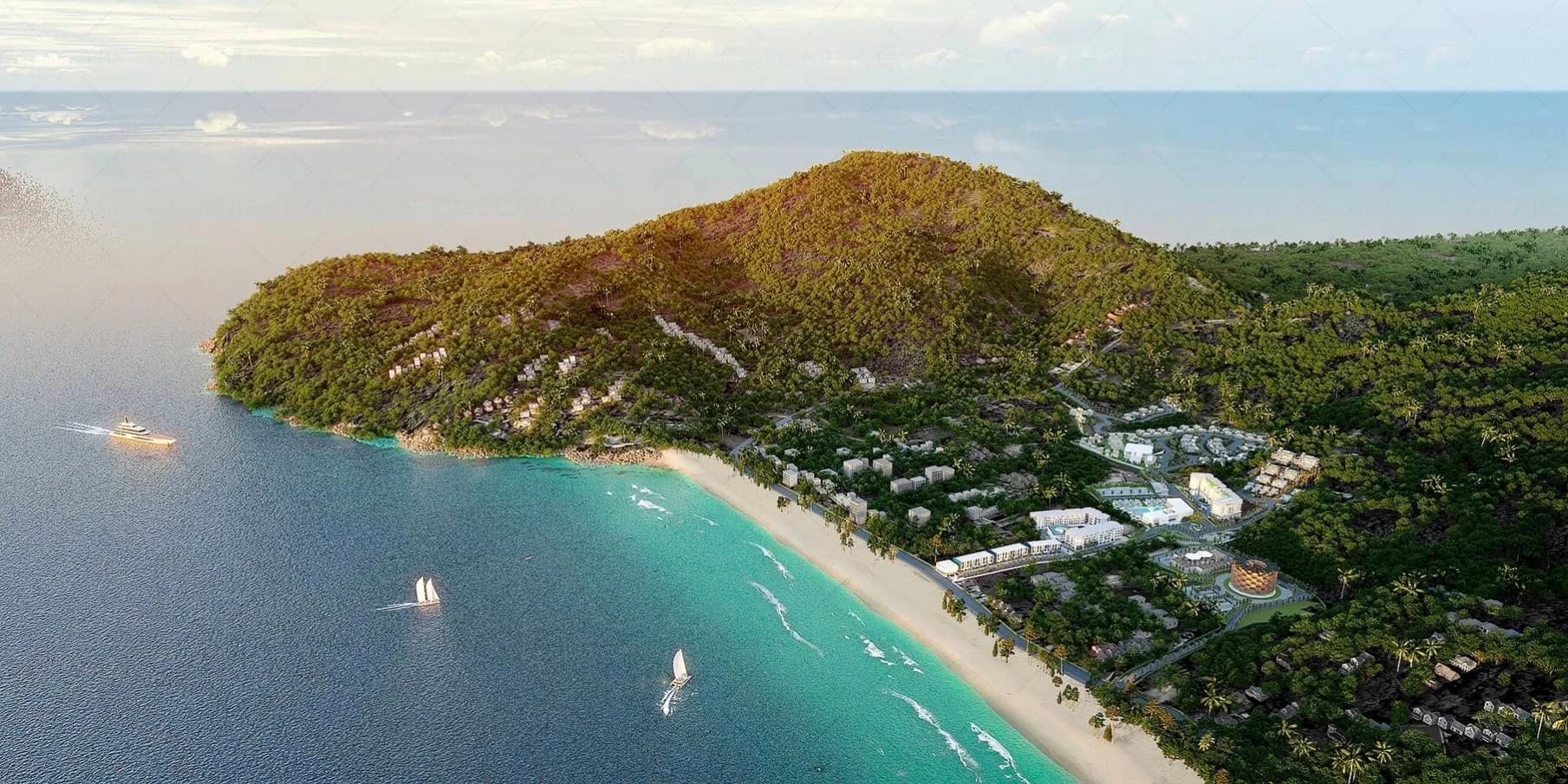 Nai Thon Bay from the air: forested headland, white sand, turquoise water